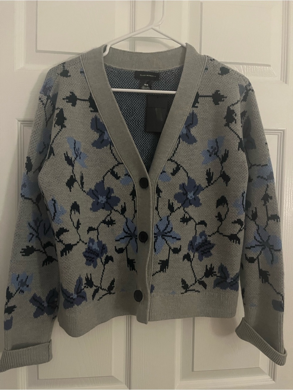 NWT Club Monaco Gray Floral Button-Up Cardigan Sweater 100% Wool